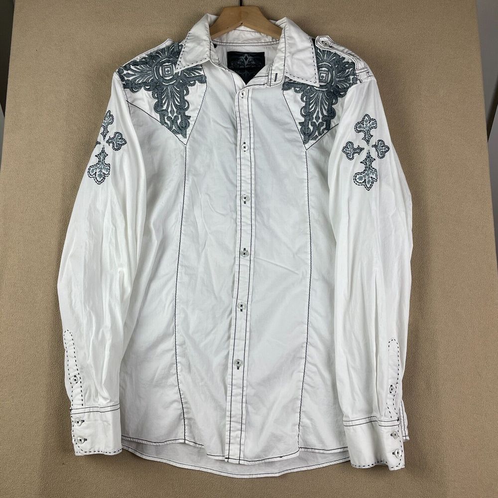 Roar Shirt Mens Extra Large White Embroidered Buckle Wings Crosses Long Sleeve